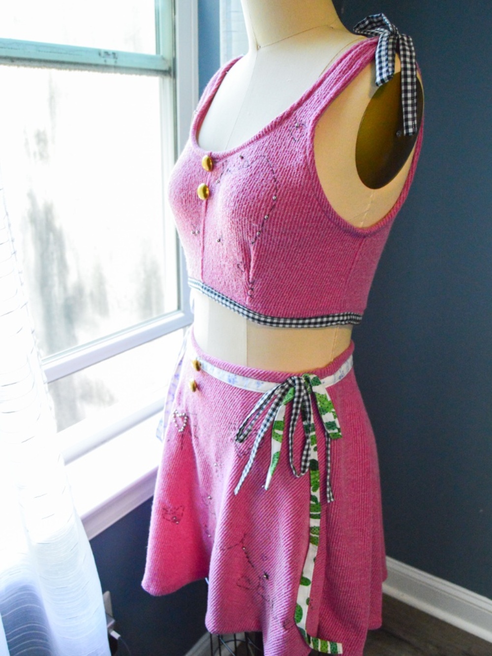 Artisanal Patchwork & Embroidered Pink Crop Top Skirt Set W Bow Fasteners